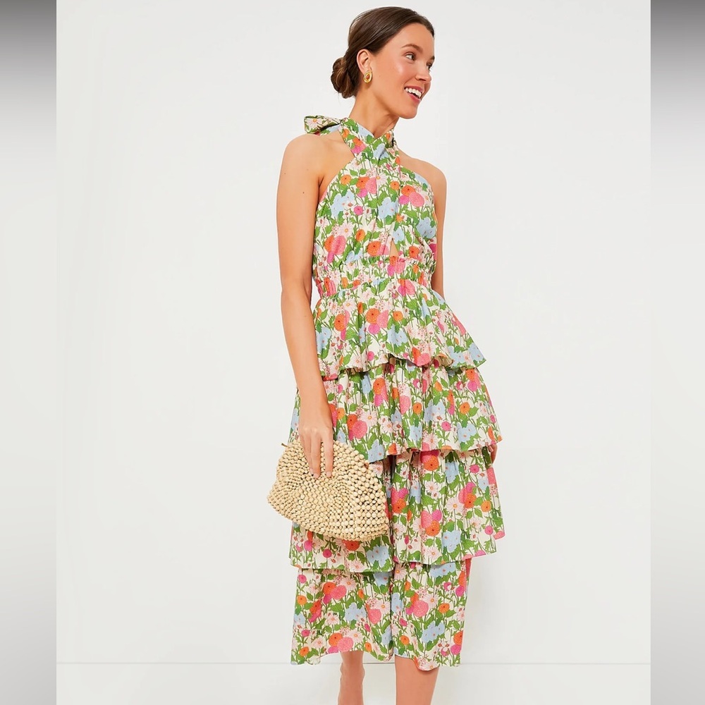 Tuckernuck Floral Tiered Halter Midi Dress in Pink Green White
